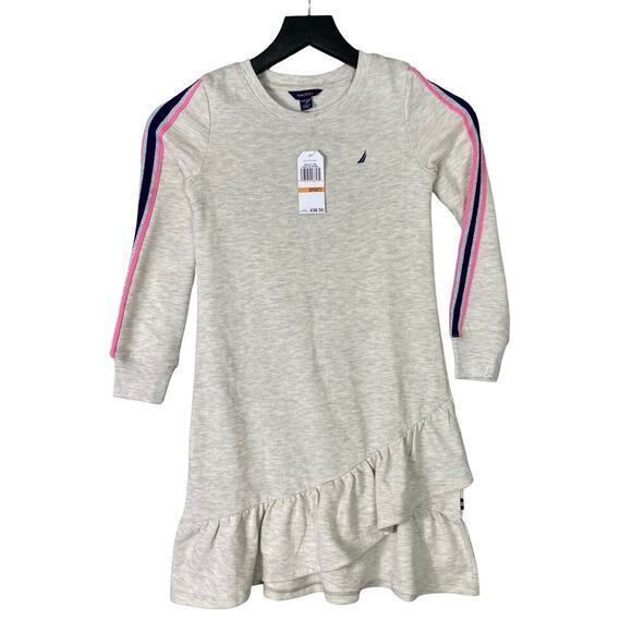 Nautica Girls' Beige Asymmetrical Tiered Dress Long‎ Sleeve Crew Neck Size 7 - Picture 2 of 10